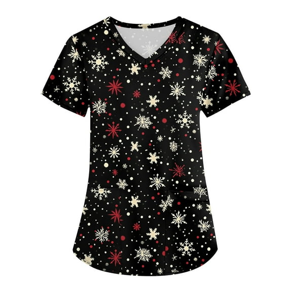 Garbnen Nightmare Before Christmas Scrub Top Funny Xmas Printed V Neck Short Sleeve Fall Womens Scrubs Top Workwear Nurse Working Uniforms with Pocket S-5XL