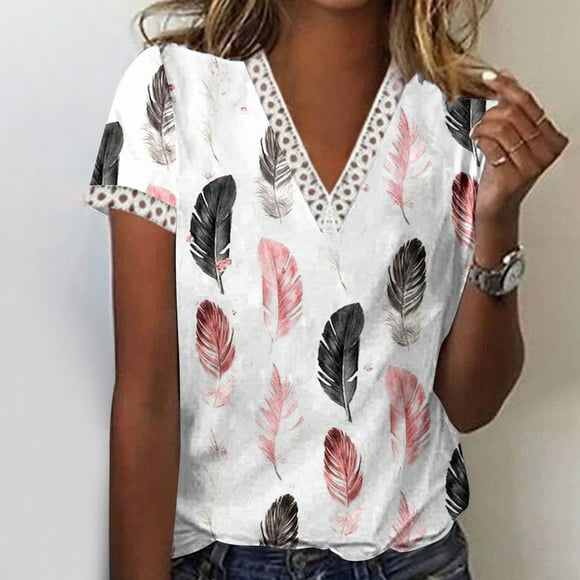 Western Tops for Women Fashion Women's Summer V-Neck Lace Patchwork Short Sleeve Casual Top Blouse Women’S Blouses on Clearance