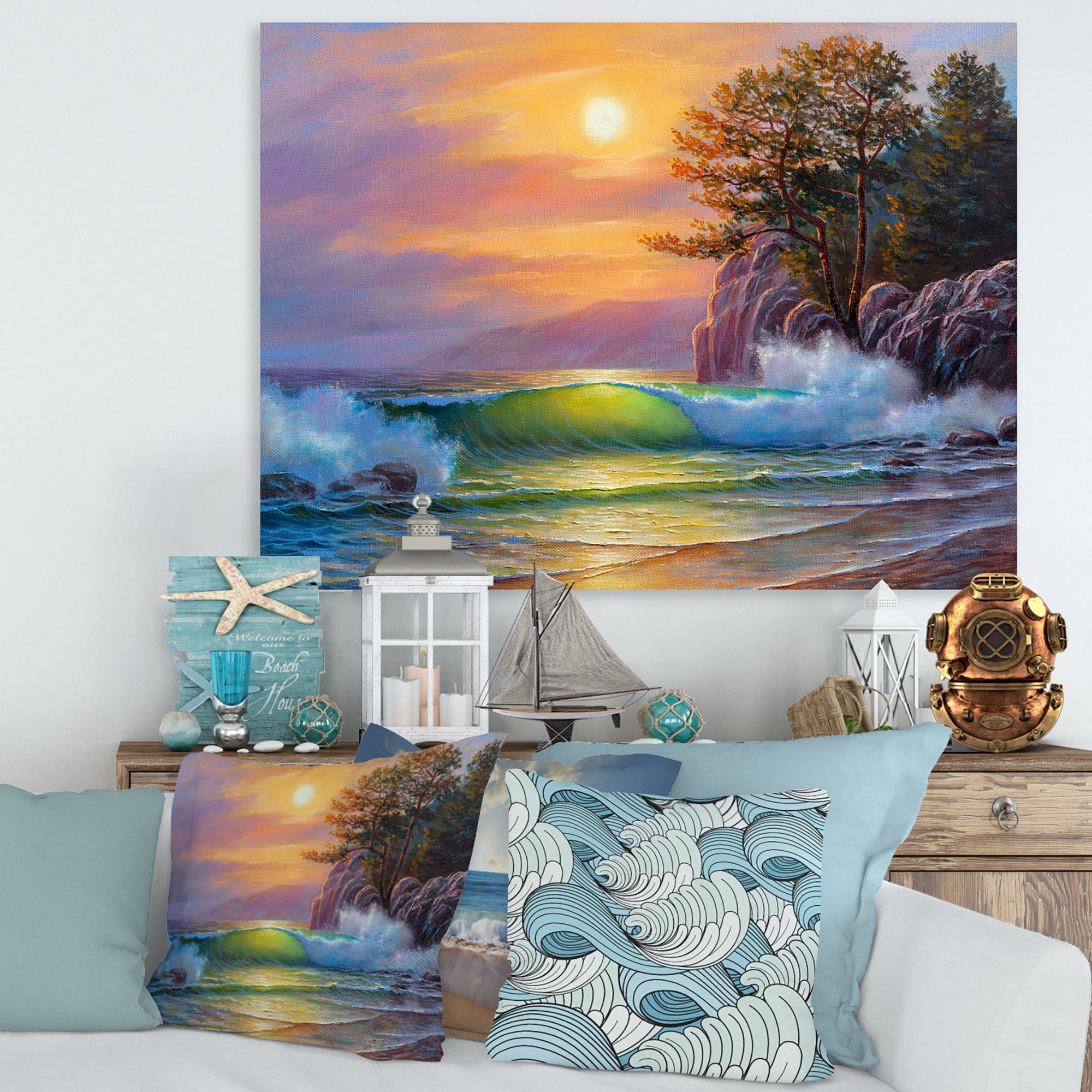 Designart ' Sunrise On Sea Waves By The Pine Trees ' Nautical & Coastal Canvas Wall Art Print