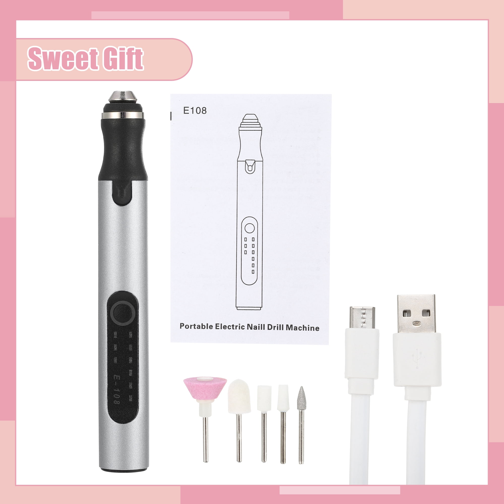 Unique Bargains Electric Cordless Nail Drill Kit 18000RPM Nail Drill Machine for Home Manicure Rechargeable Gray
