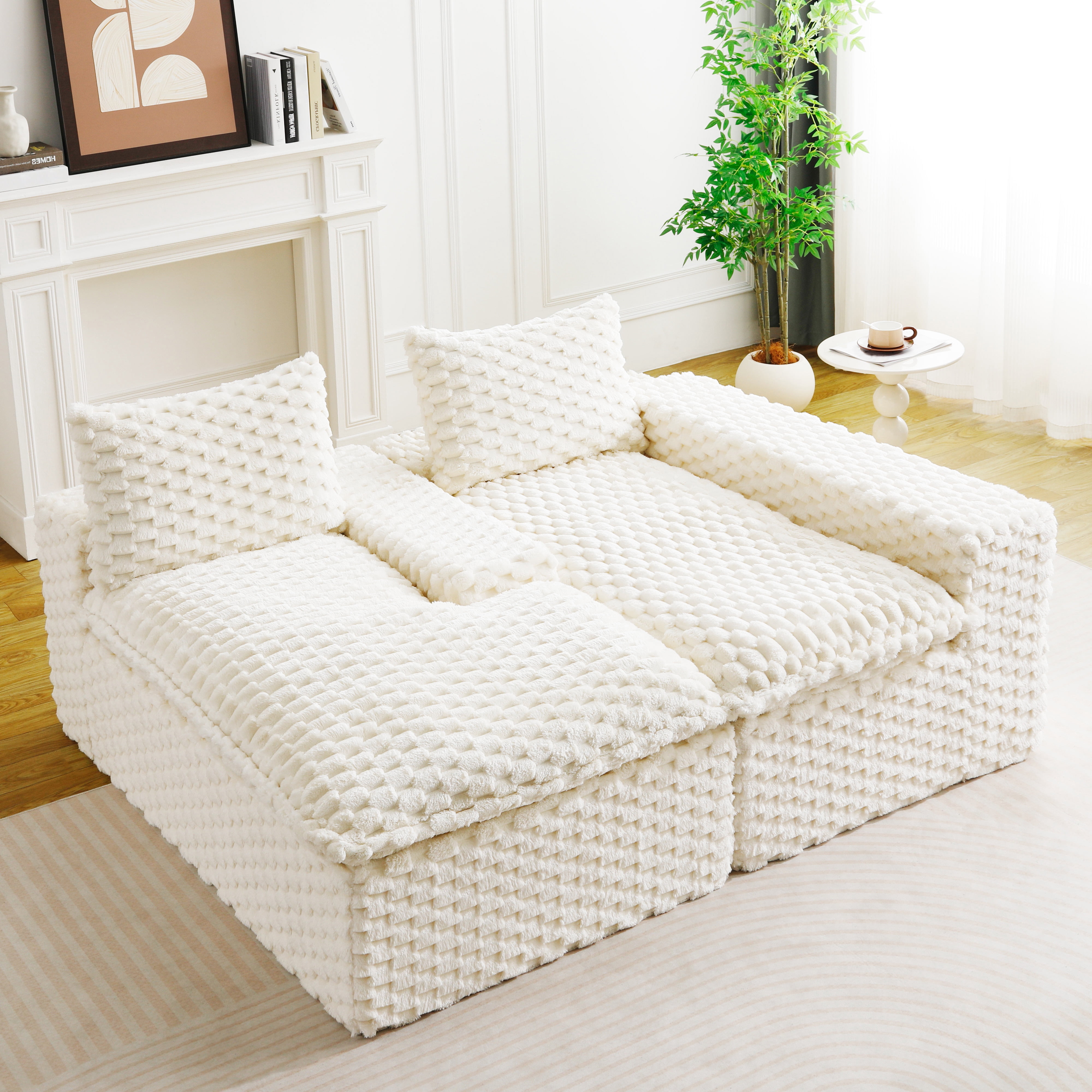 HOQBN 96"W Modular Sectional Sofa,L Shape Modern Corduroy Cloud Couch,Upholstered Deep Seat Boneless Sofa Couch with Right Chaise Lounge for Living Rooms,No Assembly Required,White