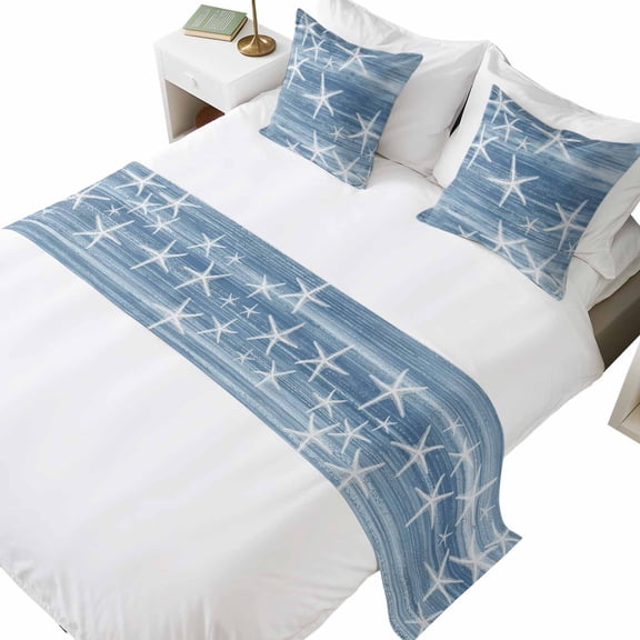Bed Runner for King Size Bed, Blue Coastal Decorative Beds Runners and 2 Matching Pillow Covers Set, Summer Ocean Waves Ombre Sea Starfish Beds Scarf Throw for Foot of Bedding Set for Hotel/Bedroom