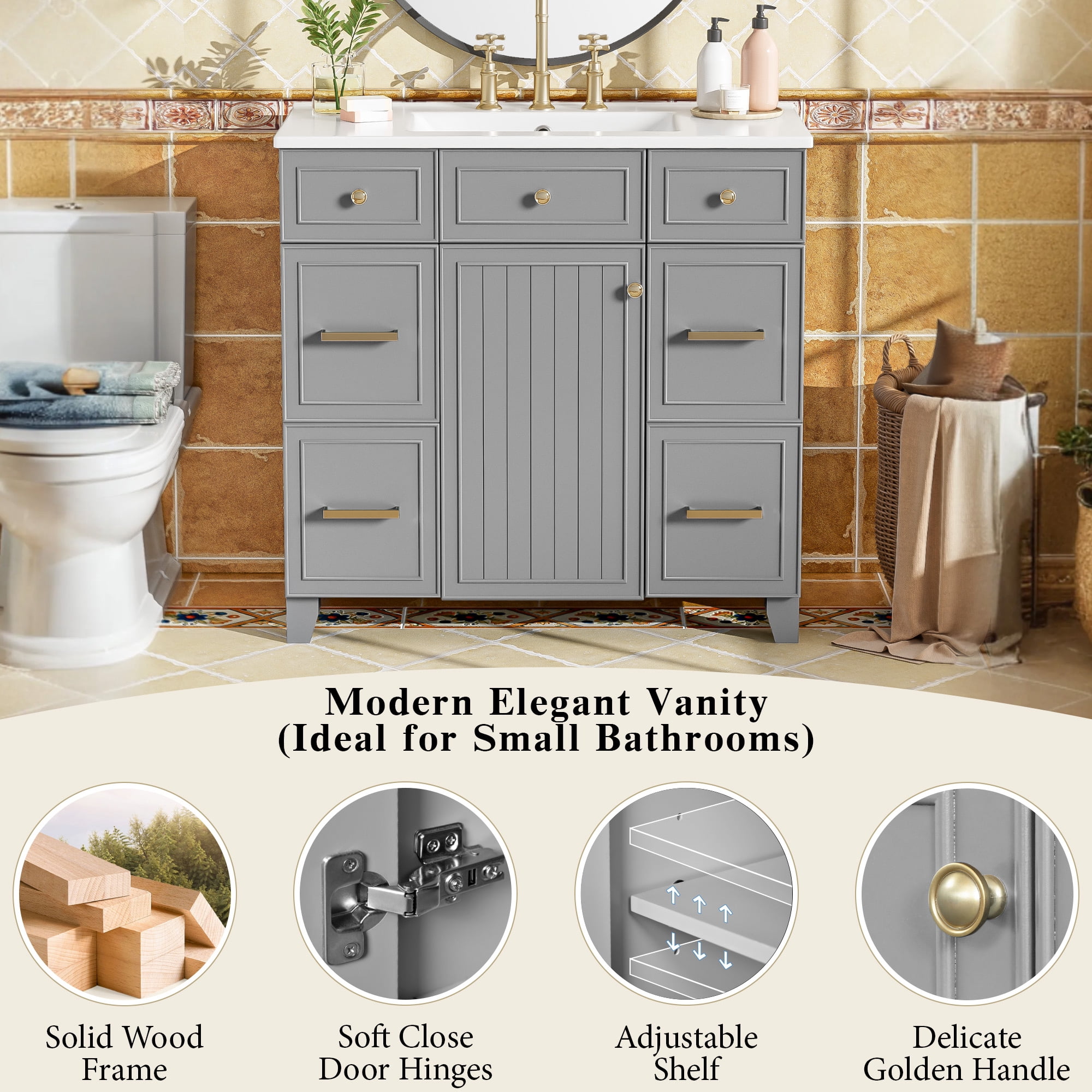 Euroco 36" Bathroom Vanity with Ceramic Sink, Grey, Solid Wood Frame, Soft Close Doors, Adjustable Shelves, 3 Drawers, Including Double-Depth Drawer for Hairdryer Storage