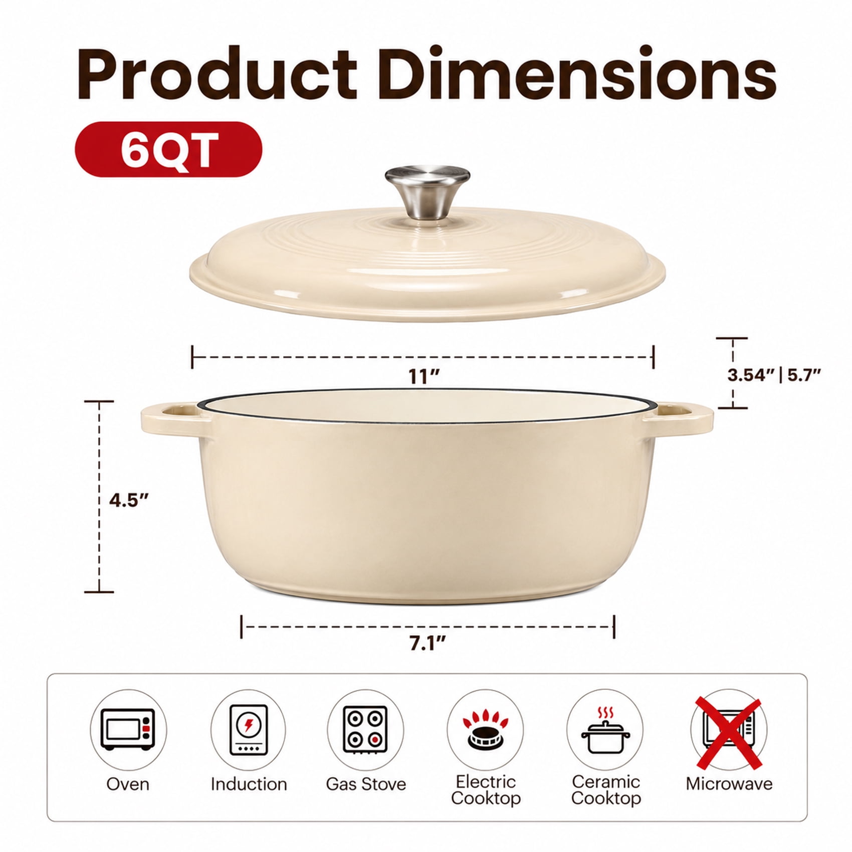 Alvantor Enameled Cast Iron Dutch Oven Pot with Lid-6Quart Non Stick Casserole Pot-Heavy Duty & Oven Safe up to 500° F for Bread Baking, Braising, Stews, Roasting