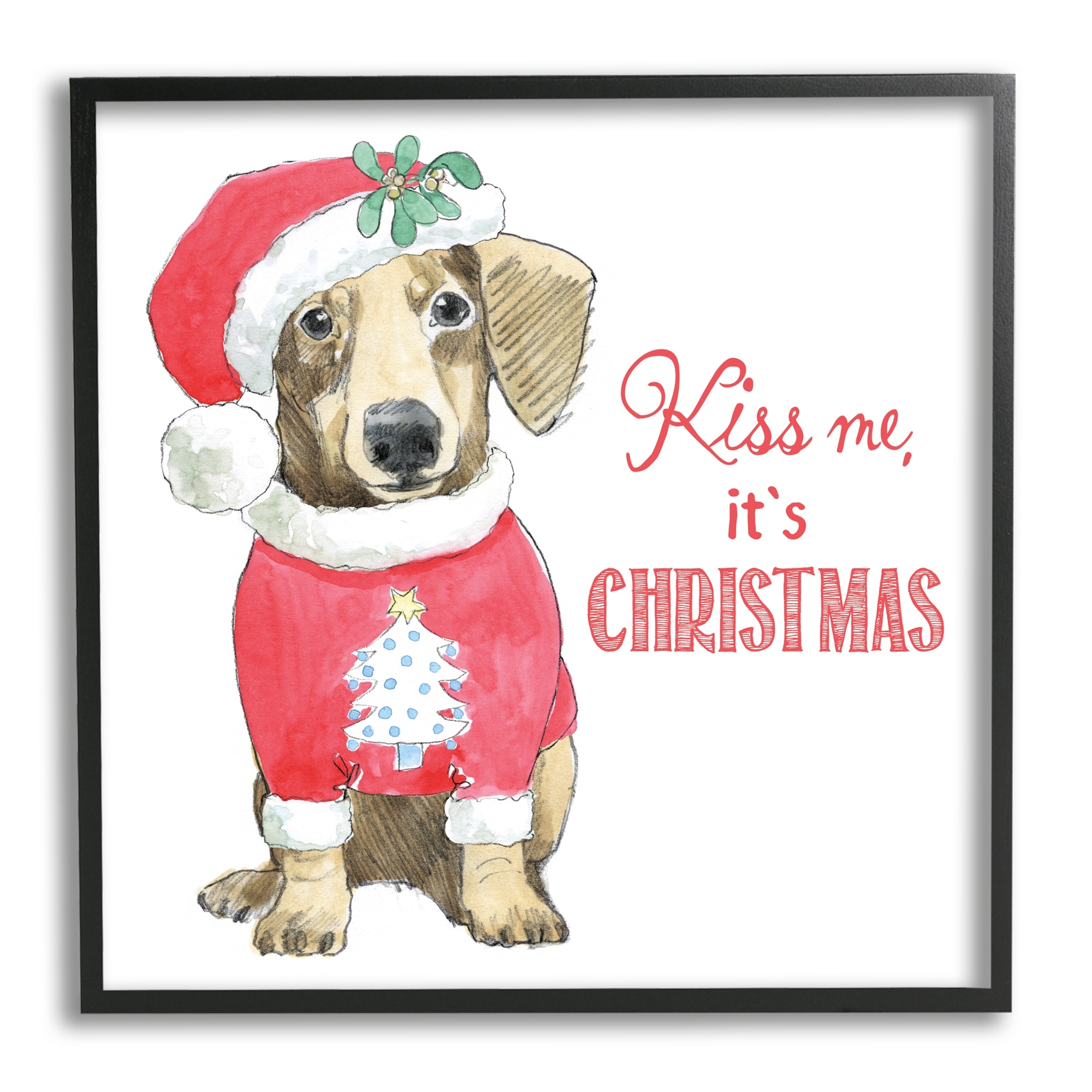 Kiss Me It's Christmas Dog Wearing Holiday Clothes Animals & Insects Graphic Art Framed Art Print Wall Art