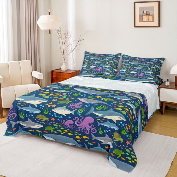 jejeloiu Playful Ocean Animal Bed Sheets,Shark Turtle Octopus Full Size Sheets For Boys,Multicolor Navy,4 Pieces,1 Flat Sheet, 1 Fitted Sheet and 2 Pillowcases