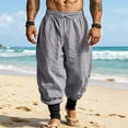 thumbnail image 2 of Mens Linen Pants Drawstring Elastic Waist Tapered Leg Pants Casual Breathable Summer Vacation Beach Trousers with Pockets, 3XL, 2 of 9