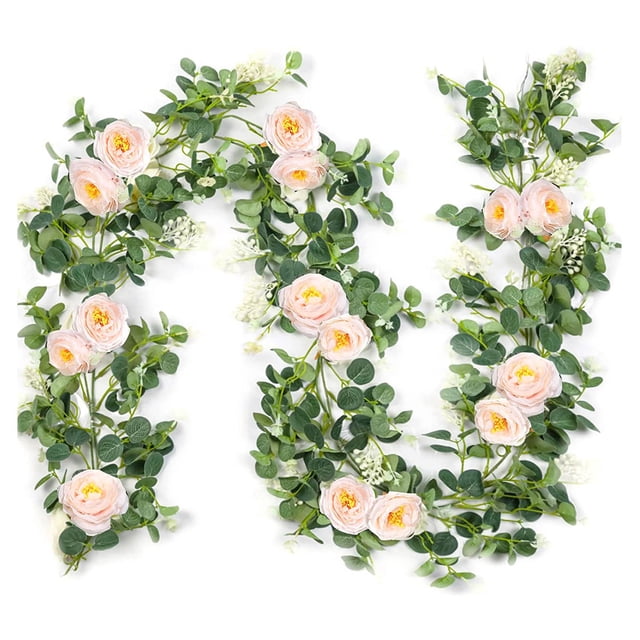 Paquete de 2 Guirnaldas de Eucalipto con Rosa ChampáN, Guirnalda Verde una Granel de Seda Artificial Floral Hojas de Eucalipto Vides (B)