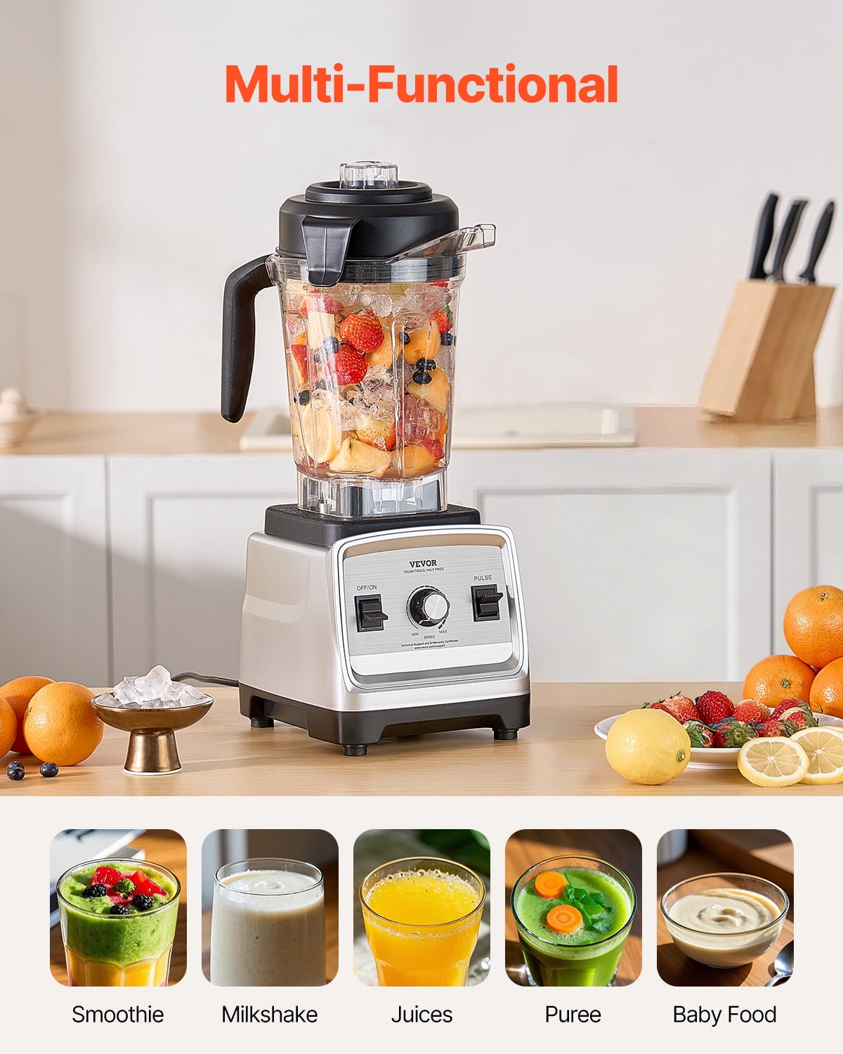 VEVOR Blender for Smoothies, 85 oz 1400W, Professional Blender with Powerful Motor, Multi-Functional Food Processing Blender for Smoothie/Milkshake/Juice, Fits for Kitchen