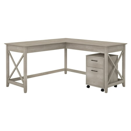 UPC: 0042976096052 | Bush Furniture Key West 60W L Shaped Desk with 2 Drawer Mobile File Cabinet in Washed Gray