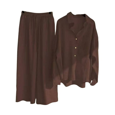 

Colisha Ladies Nightwear Solid Color Pajamas Lapel Neck Sleepwear Blouse Summer Long Sleeve Pjs Coffee M