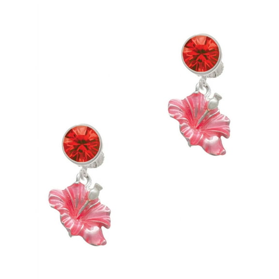 Delight Jewelry Silvertone Hot Pink Hibiscus Flower Red Crystal Clip on Earrings