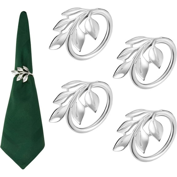Fall Napkin Rings Set of 4 - Easter Napkin Rings Silver Leaf Napkin Rings for Casual Place Settings, Holiday Family Dinner, Wedding