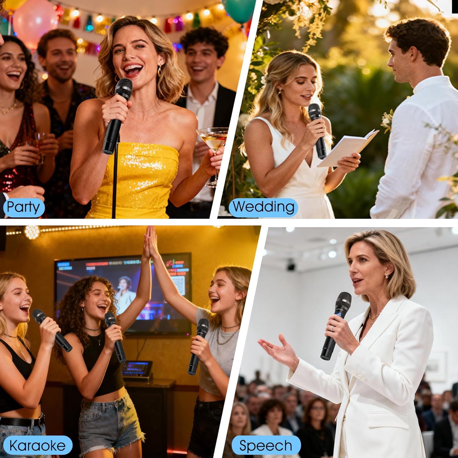 Wireless Microphone, Professional Updated 2.4G Rechargeable 2 Handheld Microphones System with 300 FT Extra Long Distance Stable Receiving for Karaoke Singing Wedding DJ Party Speech Church Classroom