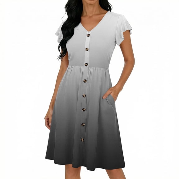 ClodeEU Women's Ombre Flutter Sleeve V Neck Cinched Waist Dress ,Solid Color Casual Midi Dress Gray,Womens Plus XL