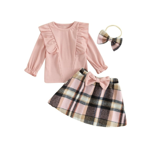Bagilaanoe 3Pcs Baby Girls Fall Clothes Long Sleeve Ruffle Ribbed Tops   Plaid Skirt   Headband 6M 12M 18M 24M 3T 4T Kids Casual Skirt Set