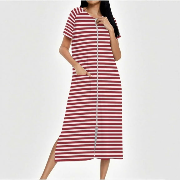 Sakmal Nightgowns for Women Zip Up Sleep Dress with Pockets Crew Neck Short Sleeve Comfortable Red Nightgowns for Women XL