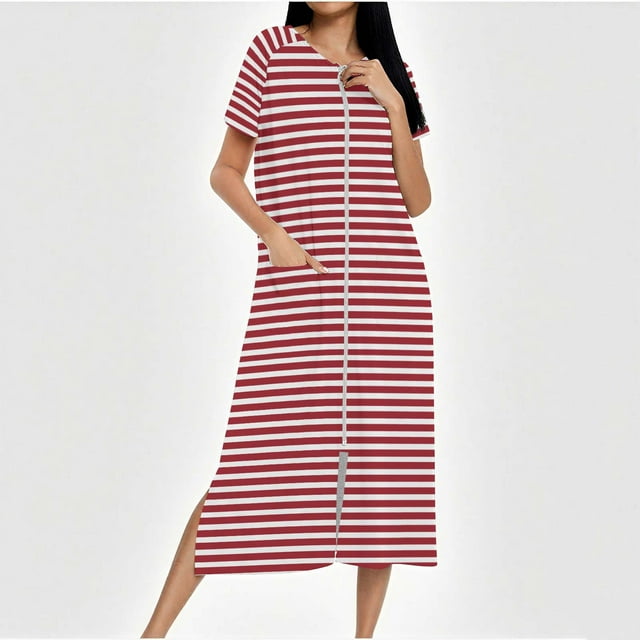 Womens Bathrobe, Zip Up Robe For Women Long Housecoat Knit Bathrobes Full Lengthgradient Color Nightgown With Pockets, Womens Gifts, L