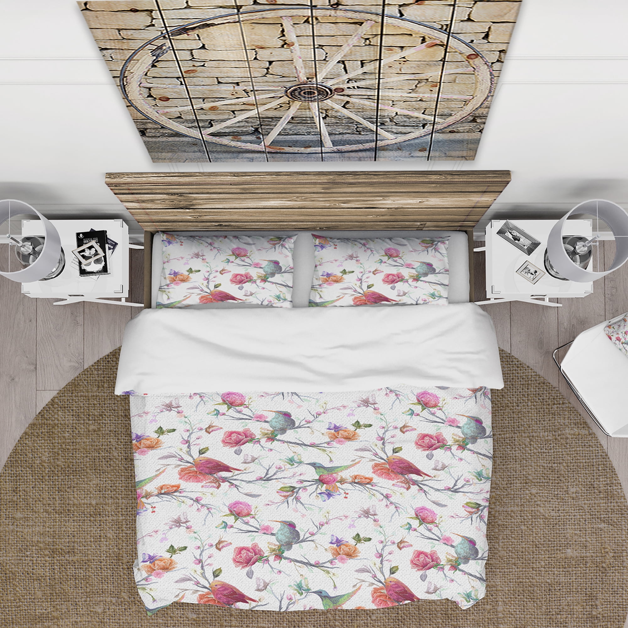 Designart 'Vintage Pattern: Bird, Flowers, Leaves' Farmhouse Duvet Cover Set
