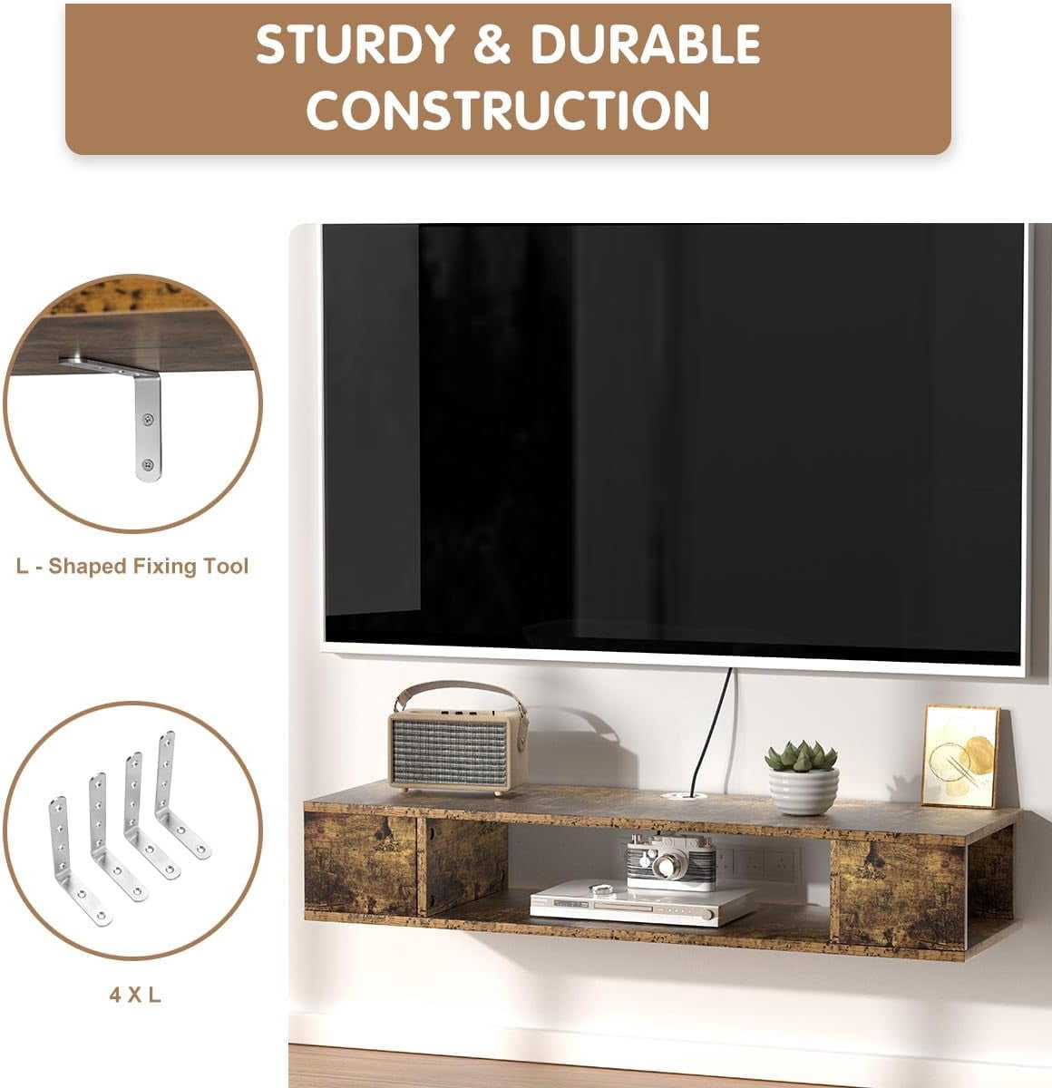 Floating TV Stand, Wall Mounted Entertainment Center and Cabinet Shelf, TV Console with Storage, Media Console for DVD Player, Space-Saving Under TV Shelf for Bedroom (Rustic Brown)