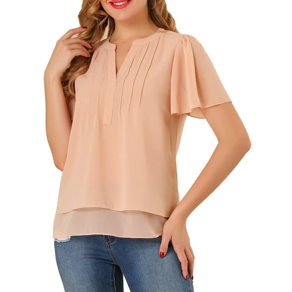 Allegra K Women's Butterfly Sleeves Layer Loose Chiffon Top Pintuck Blouse
