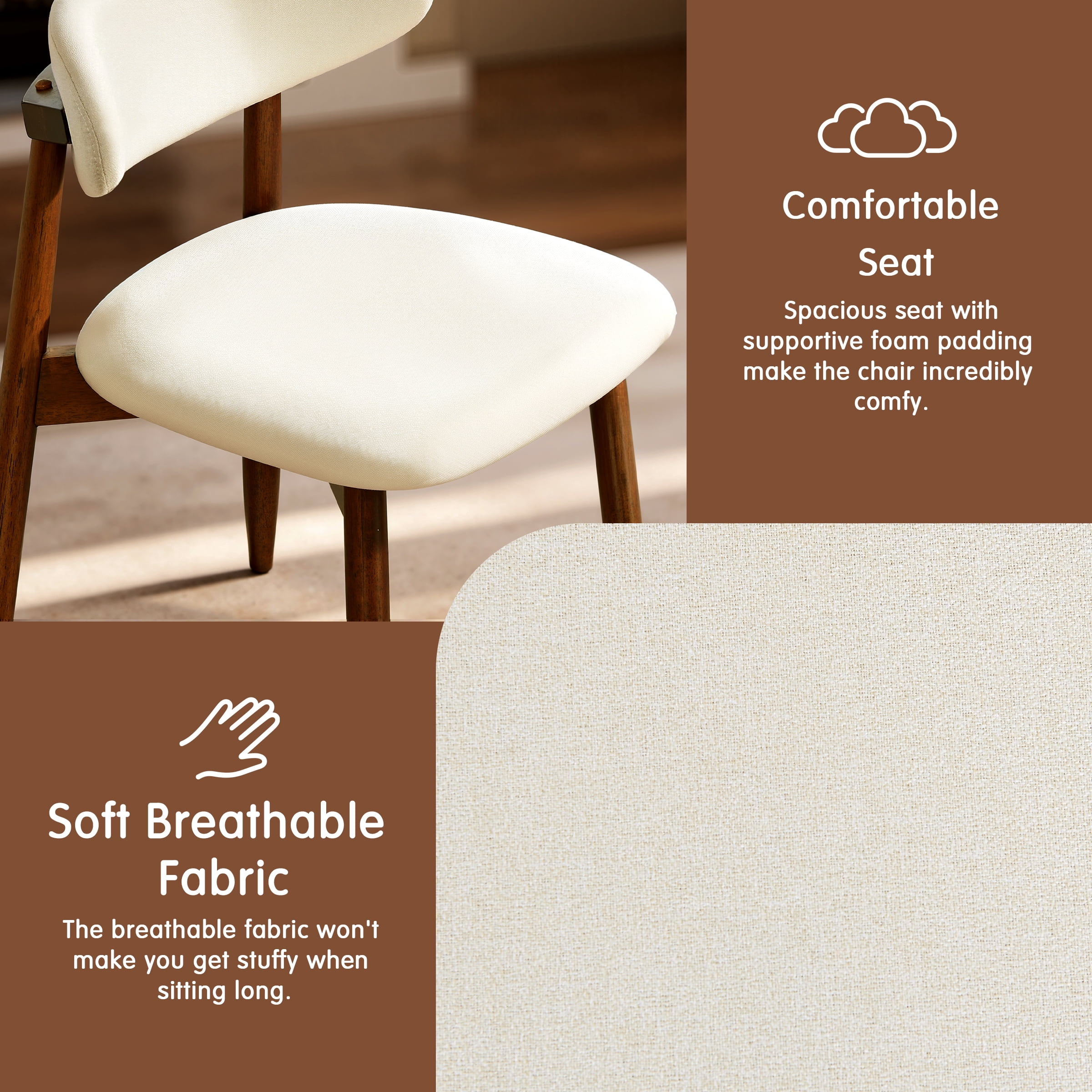 DyFun Dining Chair Set of 2, Upholstered Wooden Dining Chairs with Curved Back, Modern Fabric Kitchen Side Chairs