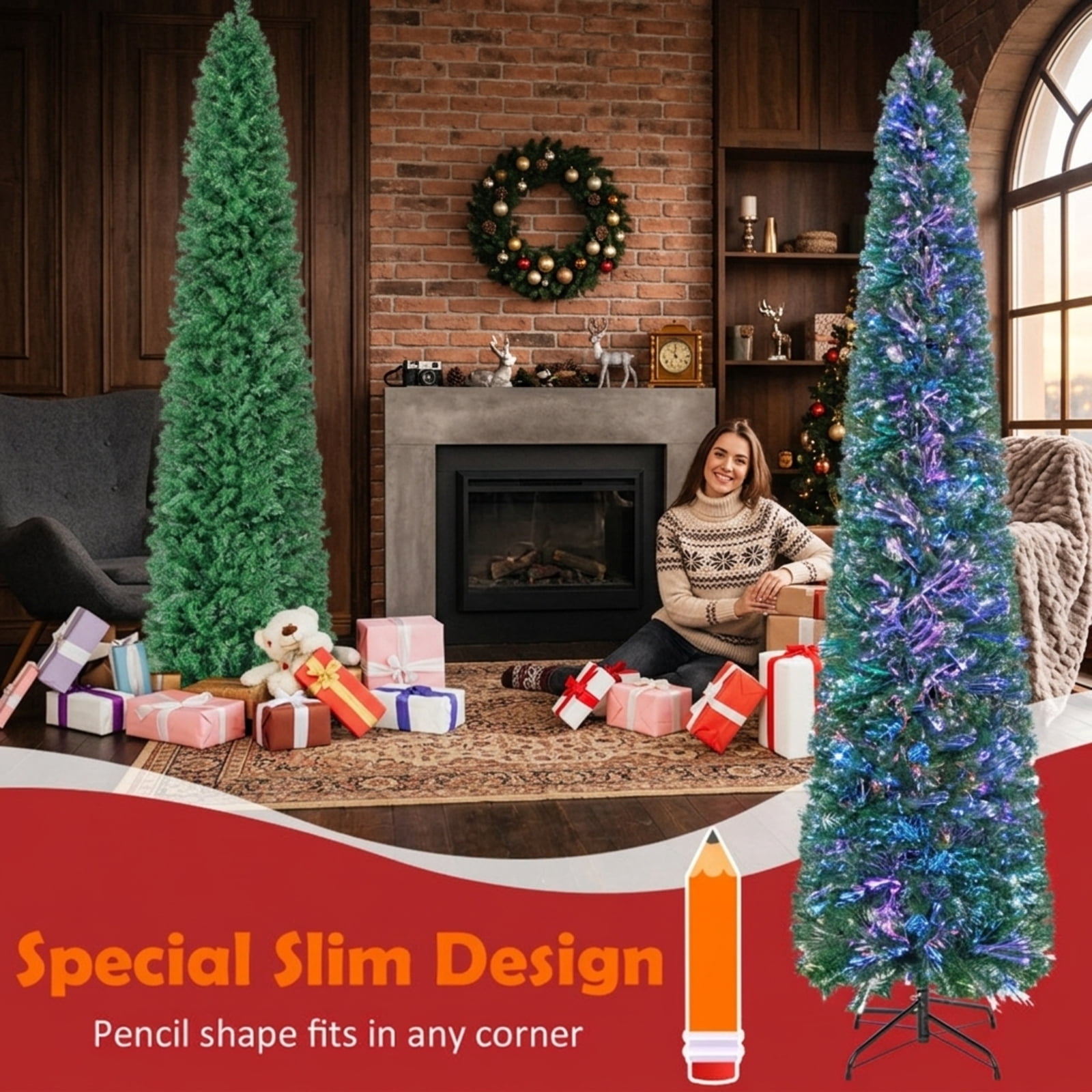 RUIE 8 ft Pre-Lit Pencil Christmas Tree, Slim Green Artificial Xmas Tree with Fiber Optic Lights and 889 Branch Tips for Corners