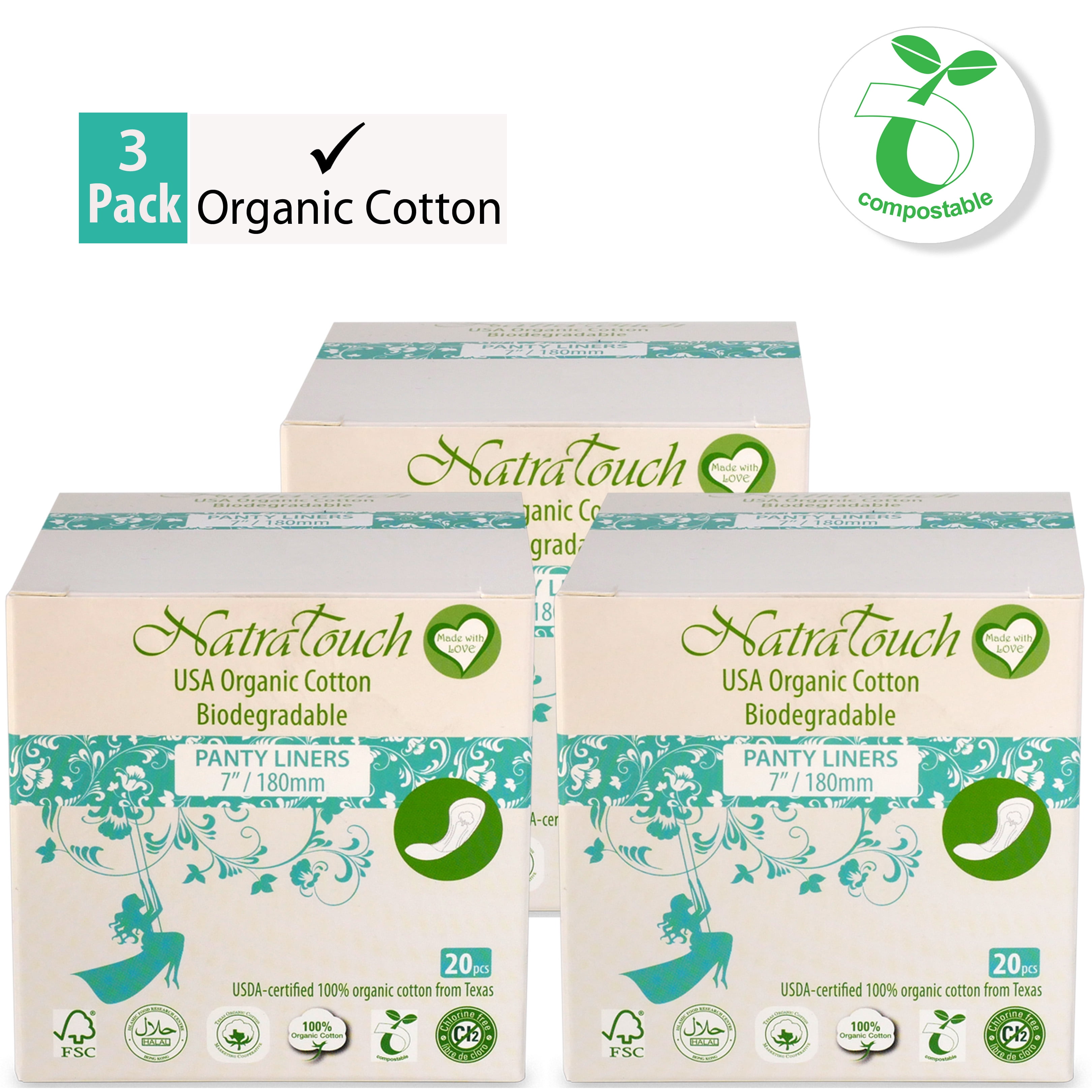 NATRATOUCH COMPOSTABLE CERTIFIED ORGANIC COTTON PANTY LINER LONG (3