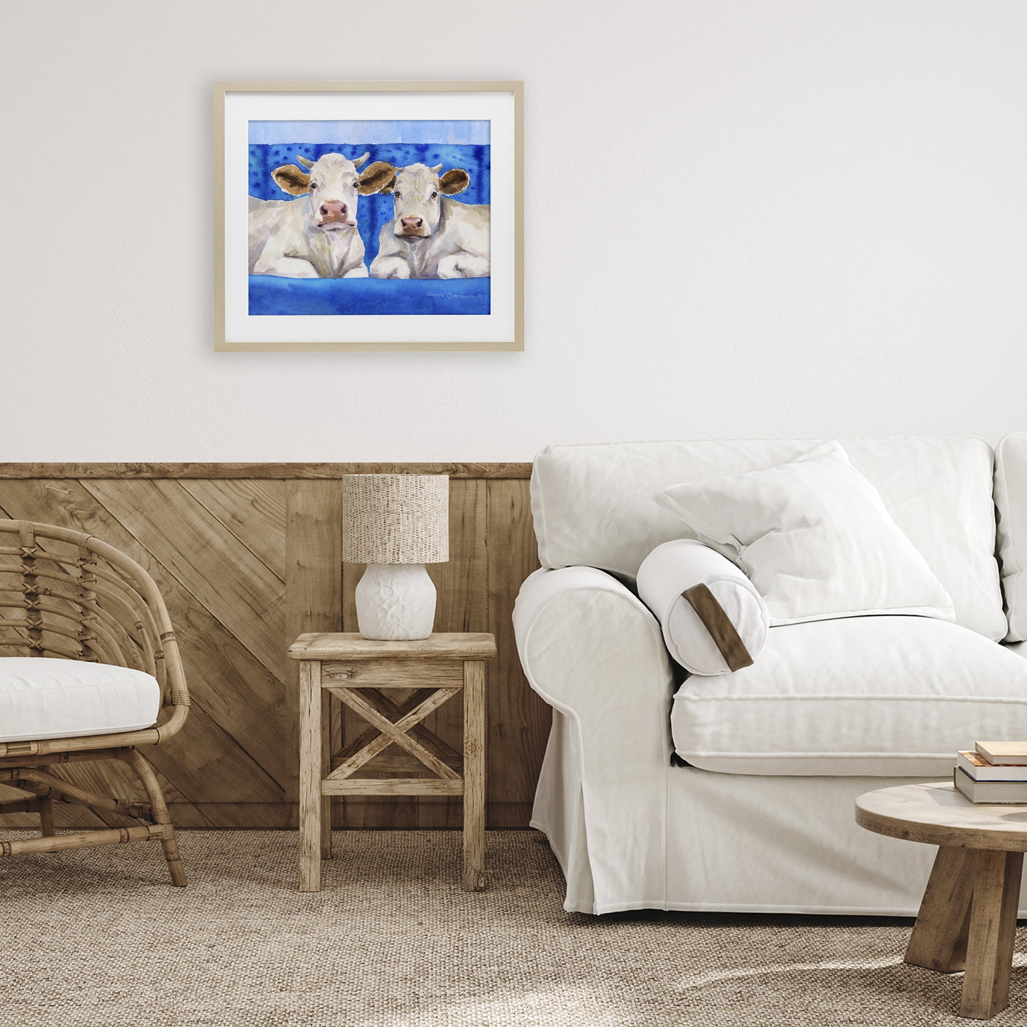 Stupell Industries White Cows on Blue Sofa Birch Framed Print Under Glass, design by George Dyachenko