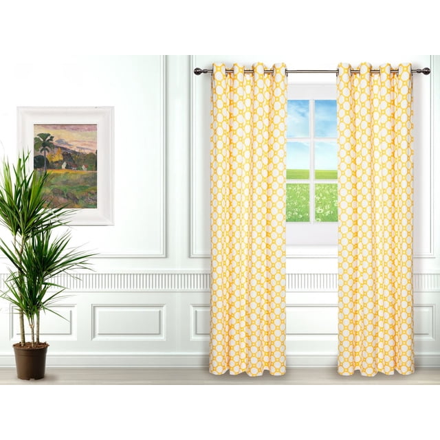 Gouchee Design Soho Panel set of two yellow and white room darkening curtains with 8 silver metal grommets each, made from a polyester and cotton blend, hanging on a silver curtain rod in a bright white paneled room with a potted green plant and framed landscape painting.