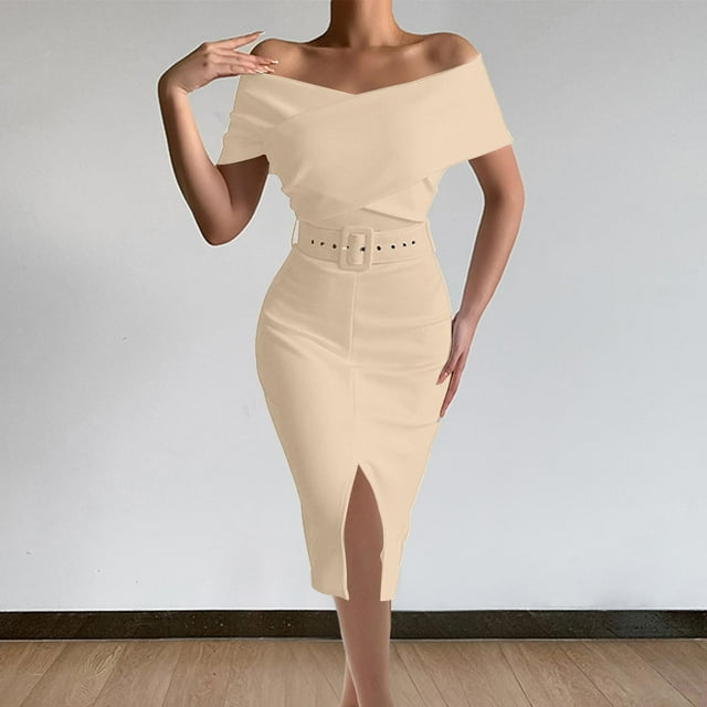 LOVZFMLL Women's Summer Bandage Solid Color Backless Strapless Party Long Maxi Dress Beige L