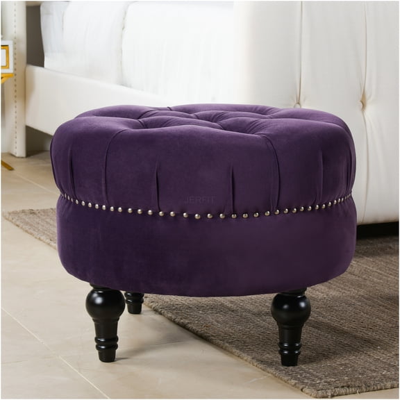 JERFIT Round Velvet Ottoman with Nailhead Trim, Purple Tufted Storage Footstool Bench for Living Room