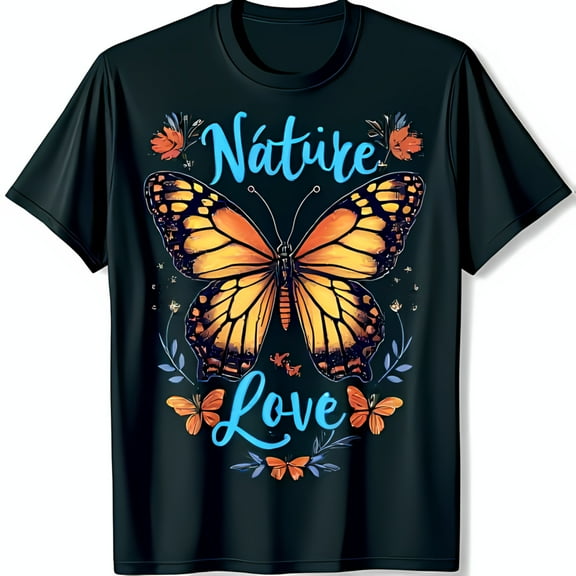 Vibrant Monarch Butterfly Graphic on Black T-Shirt Nature Love Design
