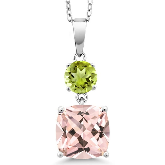 Gem Stone King 925 Sterling Silver Peach Nano Morganite and Green Peridot Pendant Necklace for Women (5.32 Cttw, Gemstone October Birthstone, Cushion 10MM, Round 6MM)