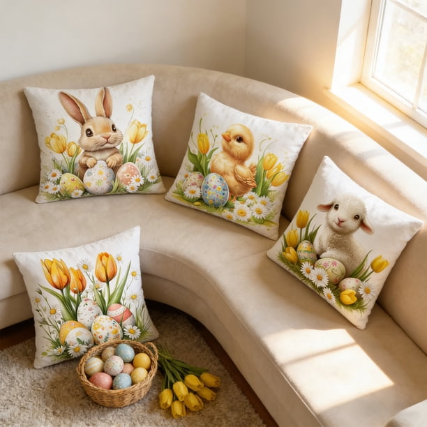 Juego de 4 fundas de cojín de Pascua | Fundas de cojín decorativas de 45 x 45 cm con estampados de conejos y huevos para sofá cama | Decoración de temporada para sala de estar y dormitorio