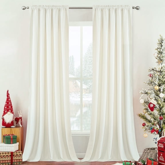 VOGOL White Velvet Waterfall Valance & Curtains Set, Beaded Tassel Thermal Drapes 52x96 Inches for Bedroom & Living Room