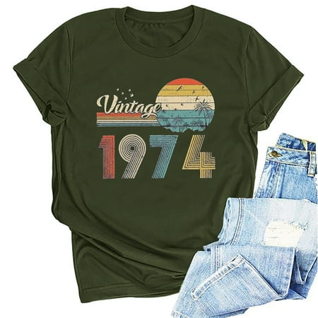 Kayannuo Blouses for Women Tee Shirts for Women Valentine s Day 1974 Vintage Shirt For Women 50th Birthday Gifts 1974 Birthday Gifts Idea Retro Short Sleevel T Shirts Party Tops Funny Tees