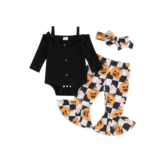 Infant Baby Girls Halloween Outfits Long Sleeve Bow Cami Romper Pumpkin Flare Pants Set Hairband Cute Fall Clothes
