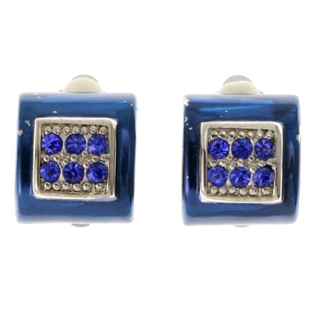 Blue & Silver-Tone Colored Metal Clip-On-Earrings With Crystal Accents #LQC123