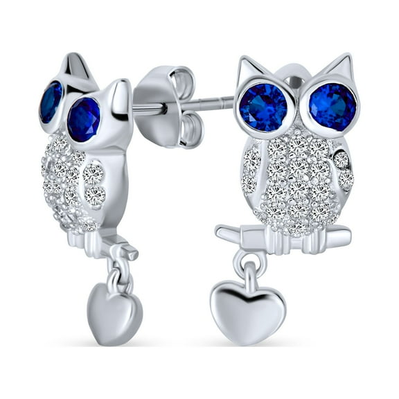 Bling Jewelry Womens Wise Graduate Owl Stud Earrings Blue Eye Cubic Zirconia CZ with Heart Charm Sterling Silver