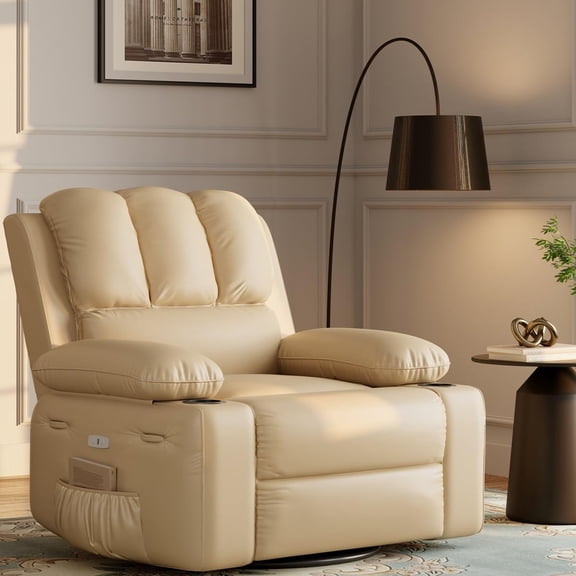 Danolapsi Swivel Recliner Chair, 22" Seat Rocking Chair with Massage, Pu Leather Electric Reclining Chair for Adults, Ergonomic Lounge Chair with Cup Holders for Living Room, Nursery