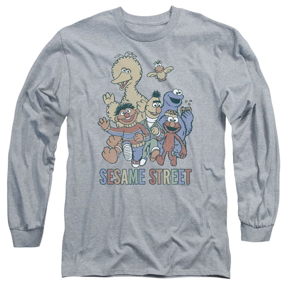 Sesame Street Colorful Group Long Sleeve Adult 18/1 T-Shirt Athletic Heather