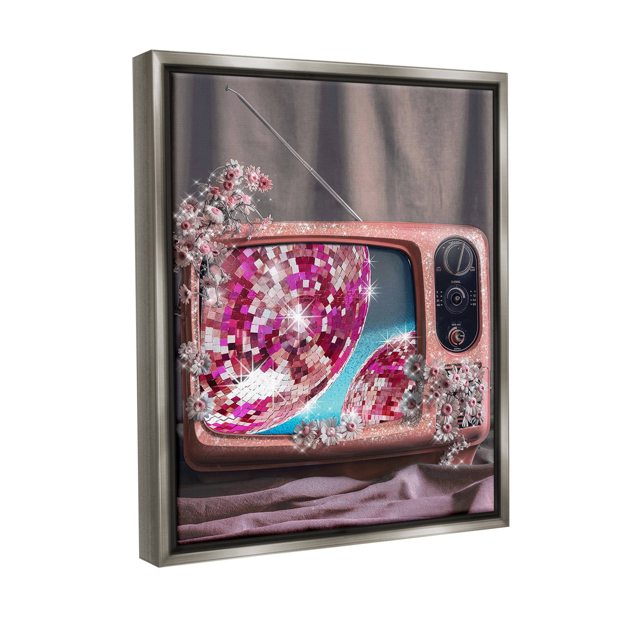 Stupell Industries Disco Vintage Television Novelty Painting Gray Floater Framed Canvas Art Print Wall Art, 17 x 21
