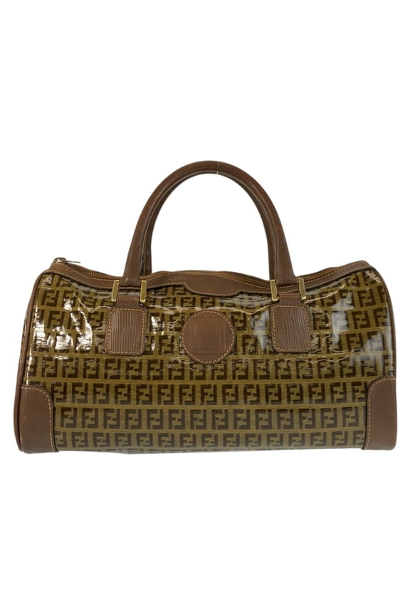 Pre-Owned FENDI Zucca Brown Leather Handbag/Boston Bag for Women with Gold Hardware