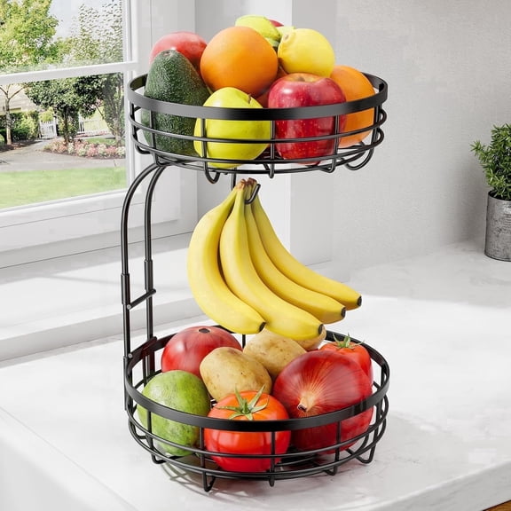 2 Tier Countertop Fruit & Vegetable Basket Bowl Storage Rack with Banana Hooks, Space Saving Multi-Functional Kitchen Rack, Snack & Fruit Rack for Fruits, Vegetables, Bread, Snacks