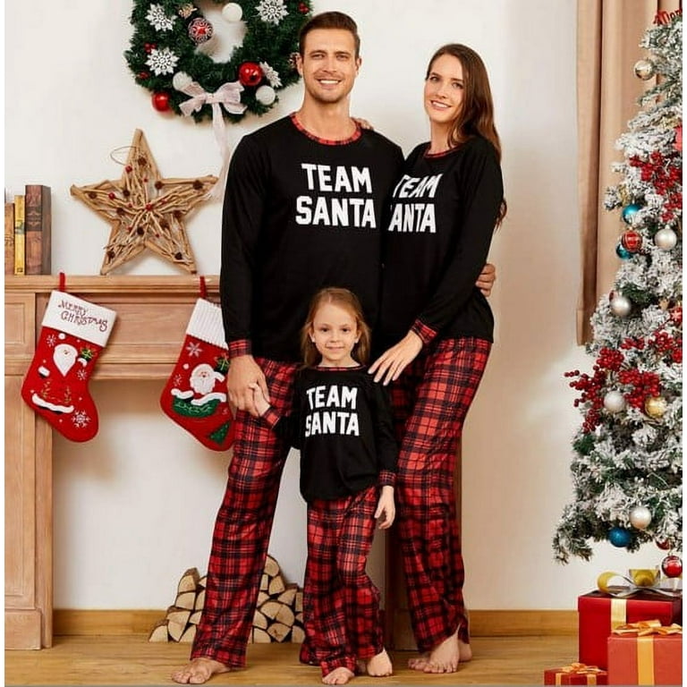 Christmas Family Matching Pajamas Set Adults Kids Baby Team Santa Printed Tops Plaid Pants Sleepwear Nightwear Set