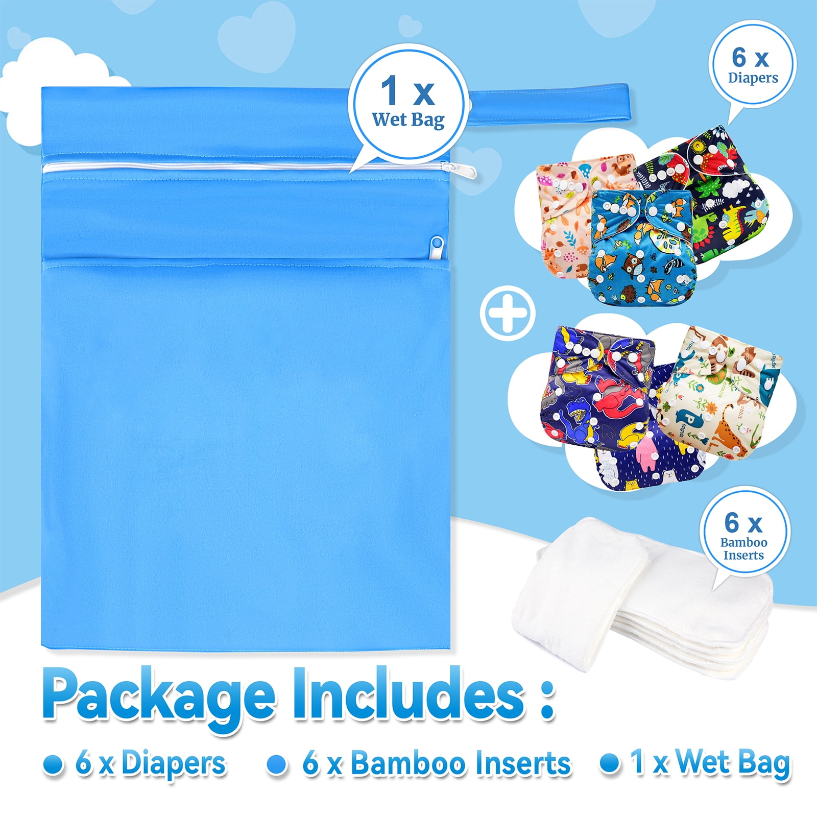 6 Pack Baby Cloth Diapers Reusable with 6 Inserts 1 Wet Bag Washable Adjustable Diaper for Baby Toddler Girls Boys