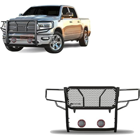 Black Horse RUGGED Heavy Duty Grille Brush Bumper Guard Modular Black Come With Pair of 5.3" Dia.LED Lights with Red Trim Rings Compatible with 2019-2025 Ram 1500-RU-DORA19-B-PLFR