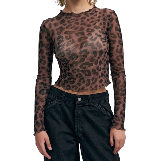 Camiseta de Transparente para Mujer, Top Corto de Larga con Estampado de Dinero A , Camisetas Ajustadas. Leopardo Negro S