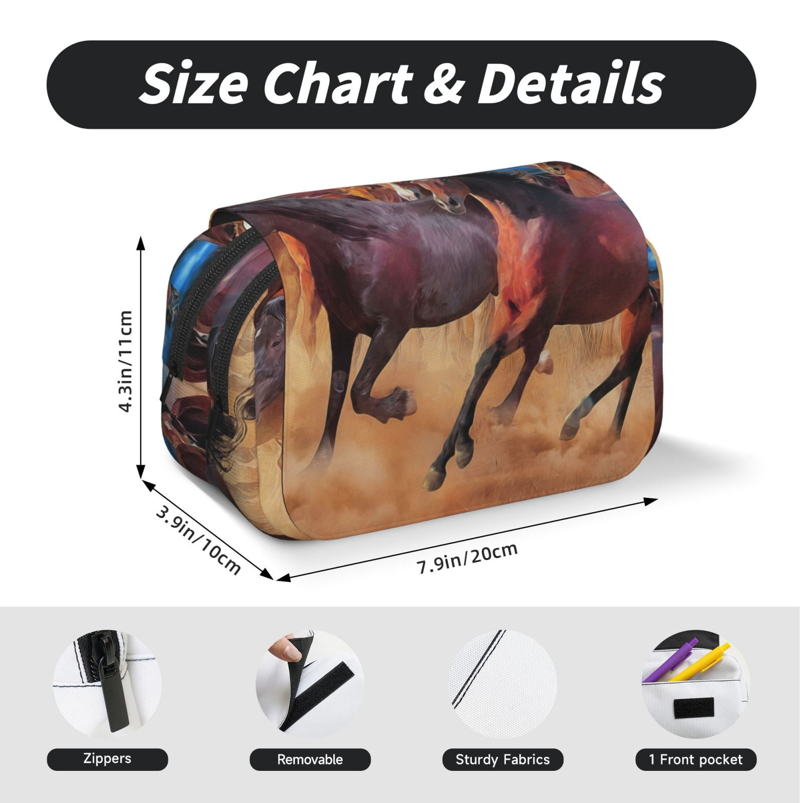 Rateoe a herd of horses Pattern Double Clamshell Pen Case, Storage Organizer with Two Zipper Compartments– Holds Up to 50 Pencils & Pens